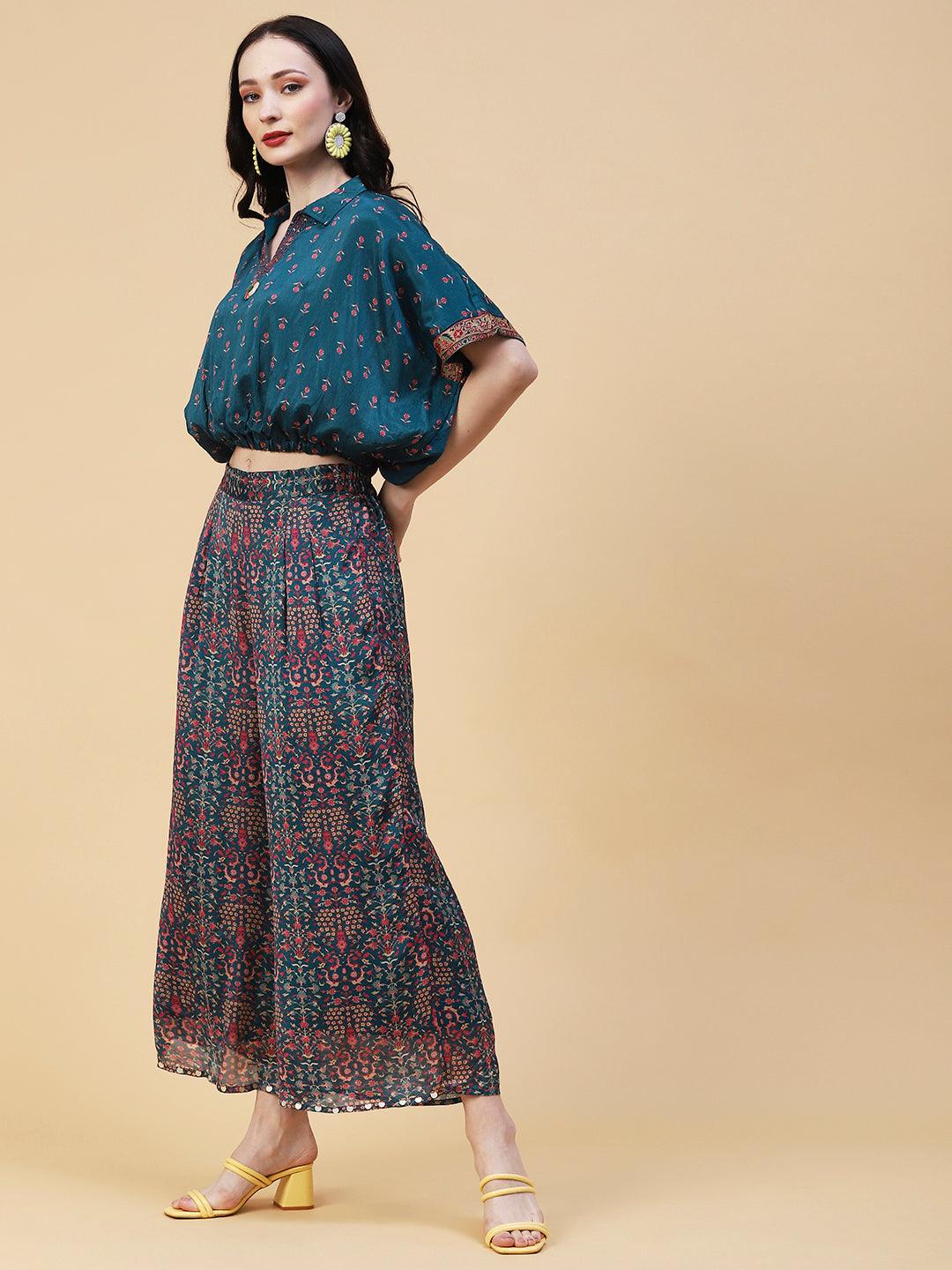 Floral Printed Resham & Beads Embroidered Kimono Crop Top With Floral Palazzo - Blue - Indiakreations