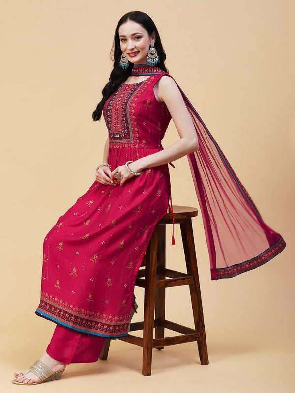 Floral Printed Hand Embroidered High Slit kurta With Palazzo & Dupatta - Fuchsia - Indiakreations