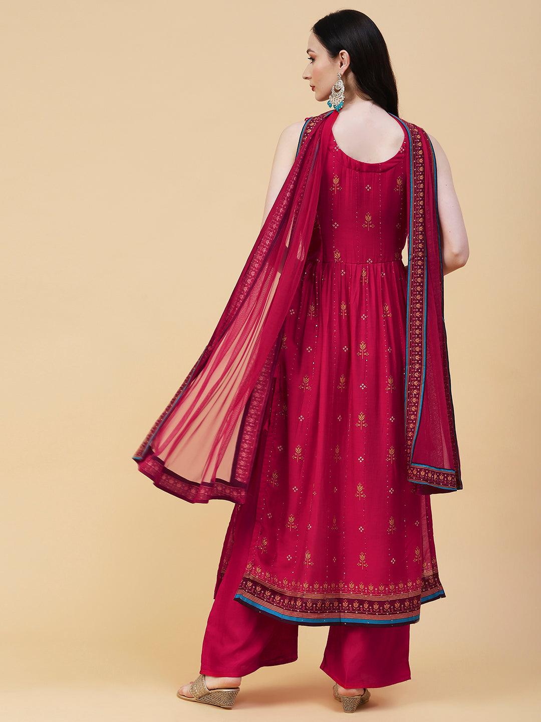 Floral Printed Hand Embroidered High Slit kurta With Palazzo & Dupatta - Fuchsia - Indiakreations