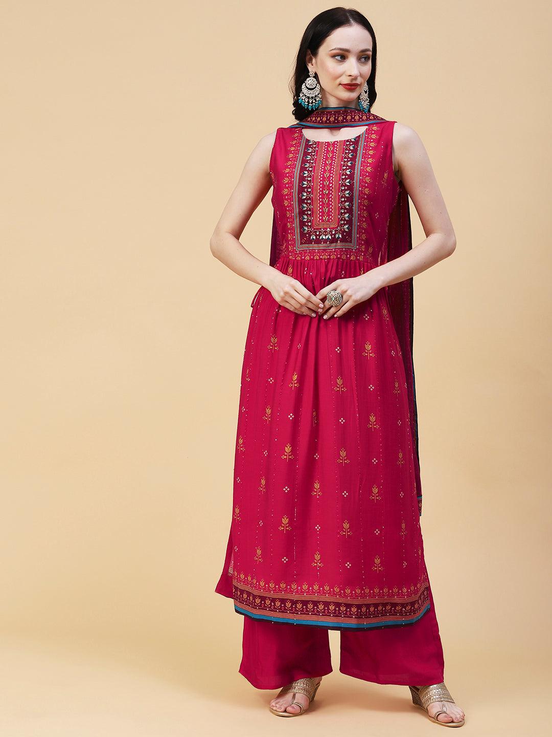 Floral Printed Hand Embroidered High Slit kurta With Palazzo & Dupatta - Fuchsia - Indiakreations