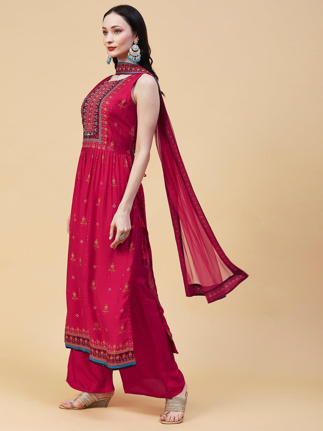 Floral Printed Hand Embroidered High Slit kurta With Palazzo & Dupatta - Fuchsia - Indiakreations