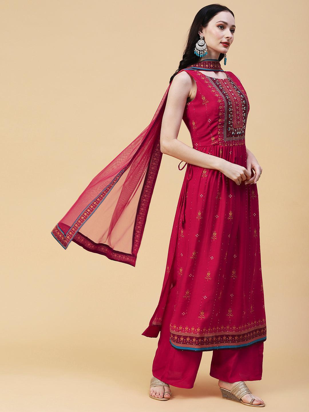 Floral Printed Hand Embroidered High Slit kurta With Palazzo & Dupatta - Fuchsia - Indiakreations