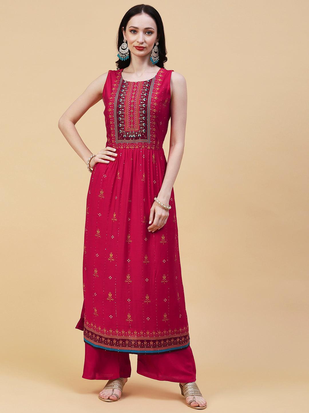 Floral Printed Hand Embroidered High Slit kurta With Palazzo & Dupatta - Fuchsia - Indiakreations