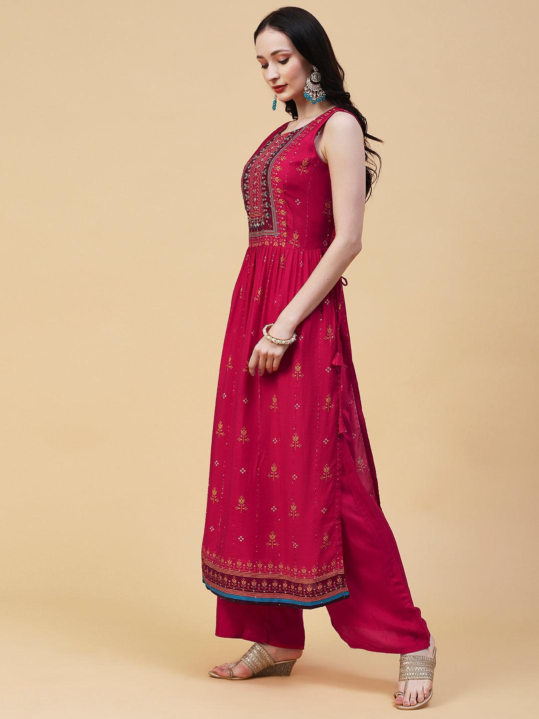 Floral Printed Hand Embroidered High Slit kurta With Palazzo & Dupatta - Fuchsia - Indiakreations