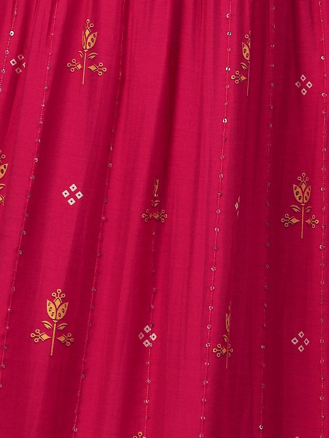 Floral Printed Hand Embroidered High Slit kurta With Palazzo & Dupatta - Fuchsia - Indiakreations