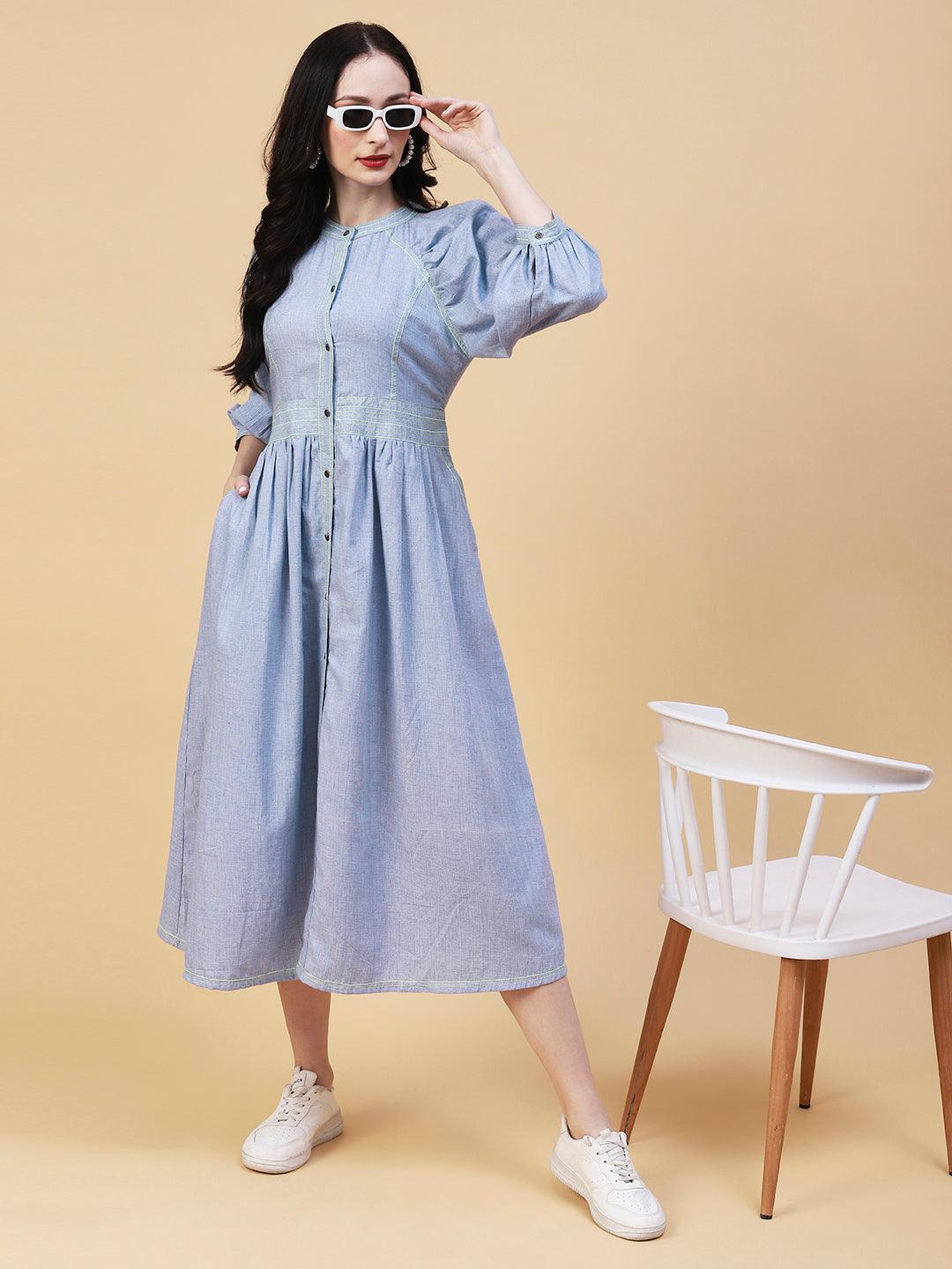 Solid A-Line Fit & Flare Midi Dress - Blue - Indiakreations