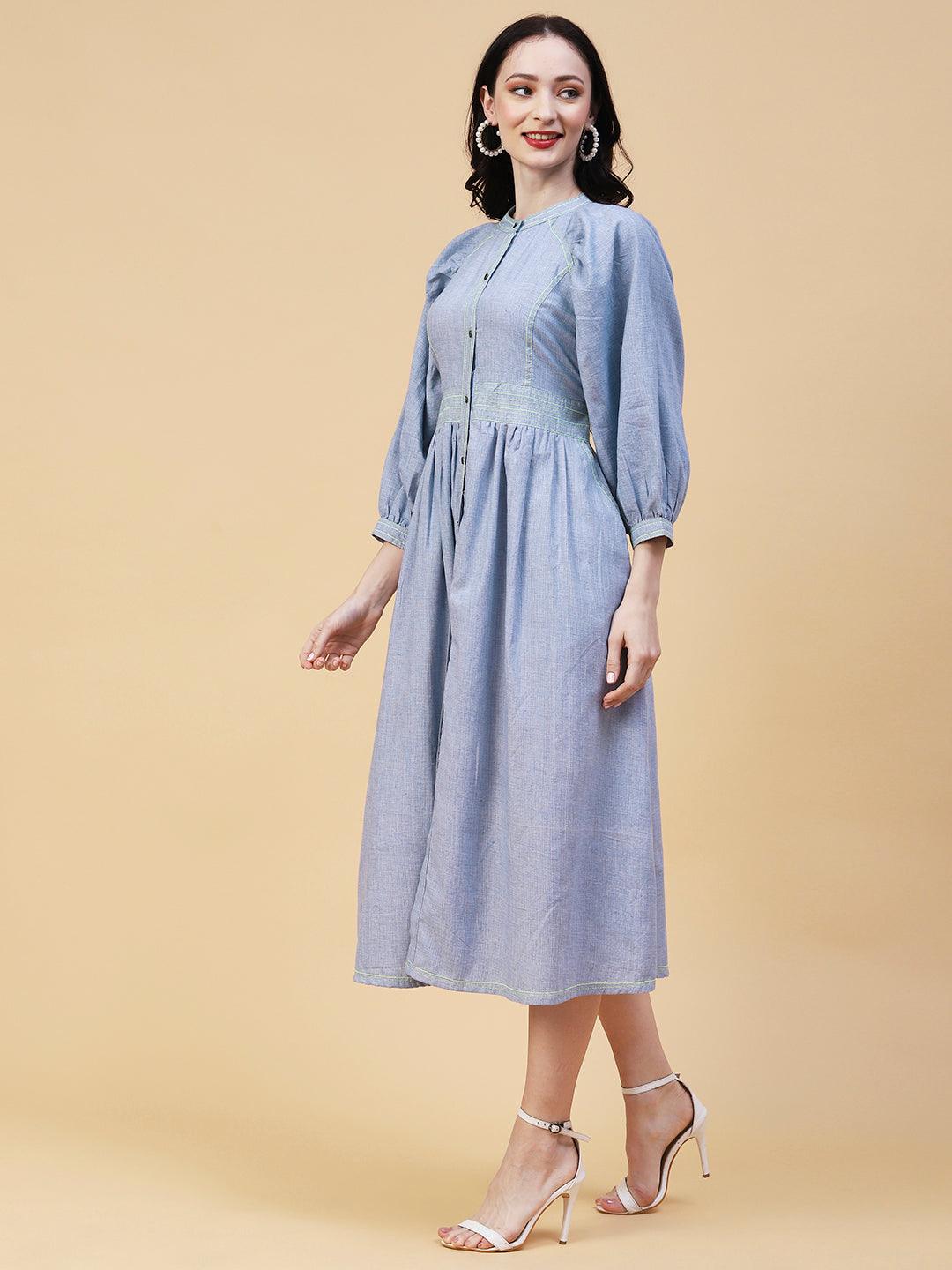 Solid A-Line Fit & Flare Midi Dress - Blue - Indiakreations