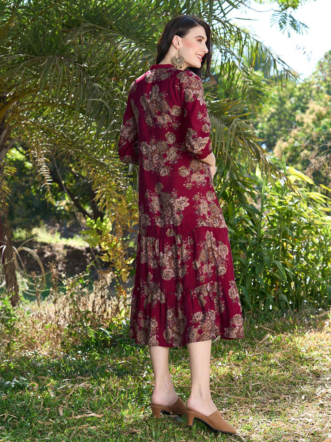 Floral Printed A-Line Midi Dress - Red - Indiakreations