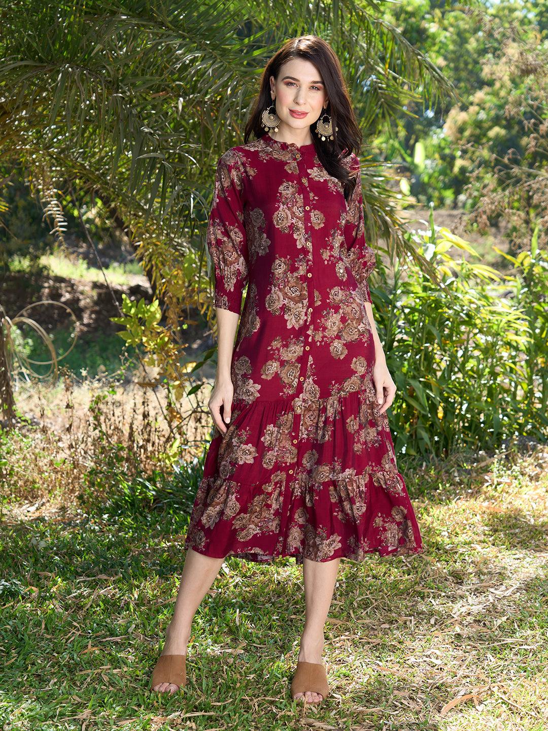 Floral Printed A-Line Midi Dress - Red - Indiakreations