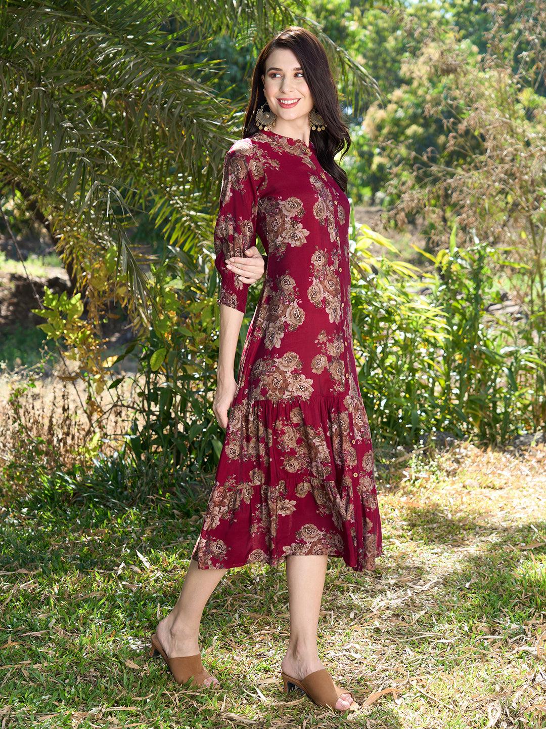 Floral Printed A-Line Midi Dress - Red - Indiakreations