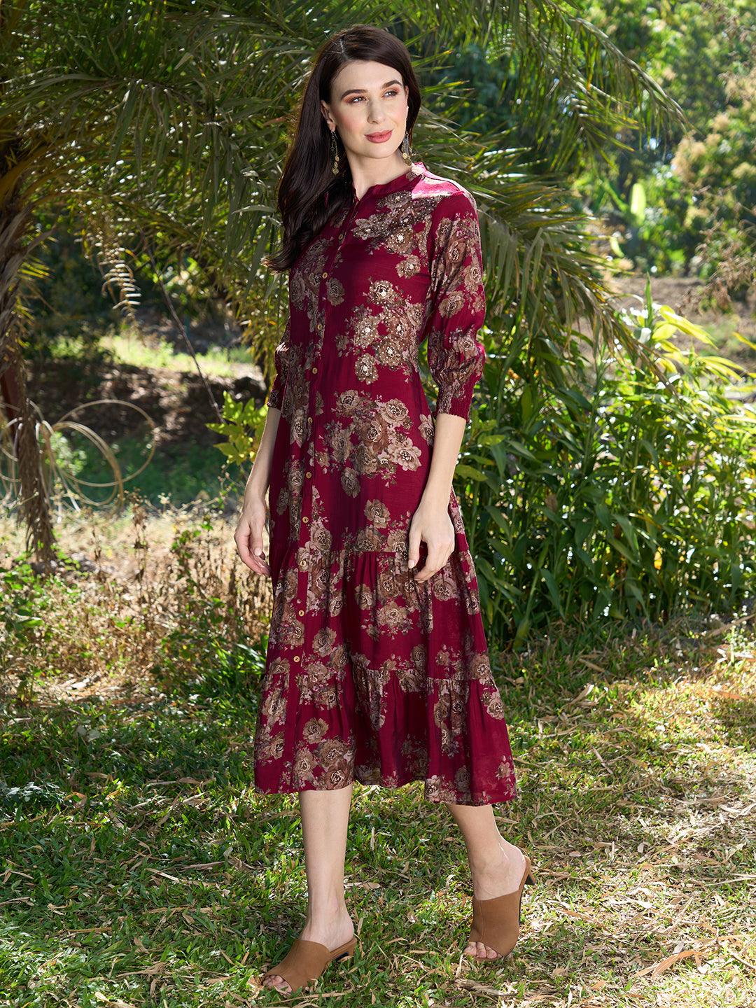 Floral Printed A-Line Midi Dress - Red - Indiakreations