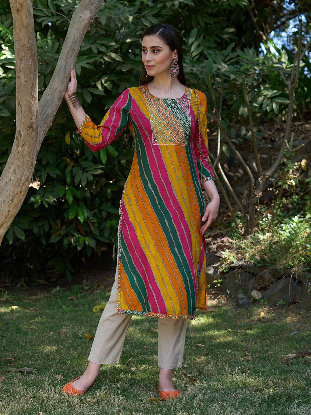 Leheriya Printed & Embroidered Straight Fit Kurta - Multi - Indiakreations