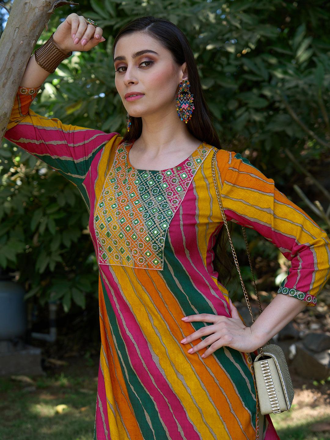 Leheriya Printed & Embroidered Straight Fit Kurta - Multi - Indiakreations