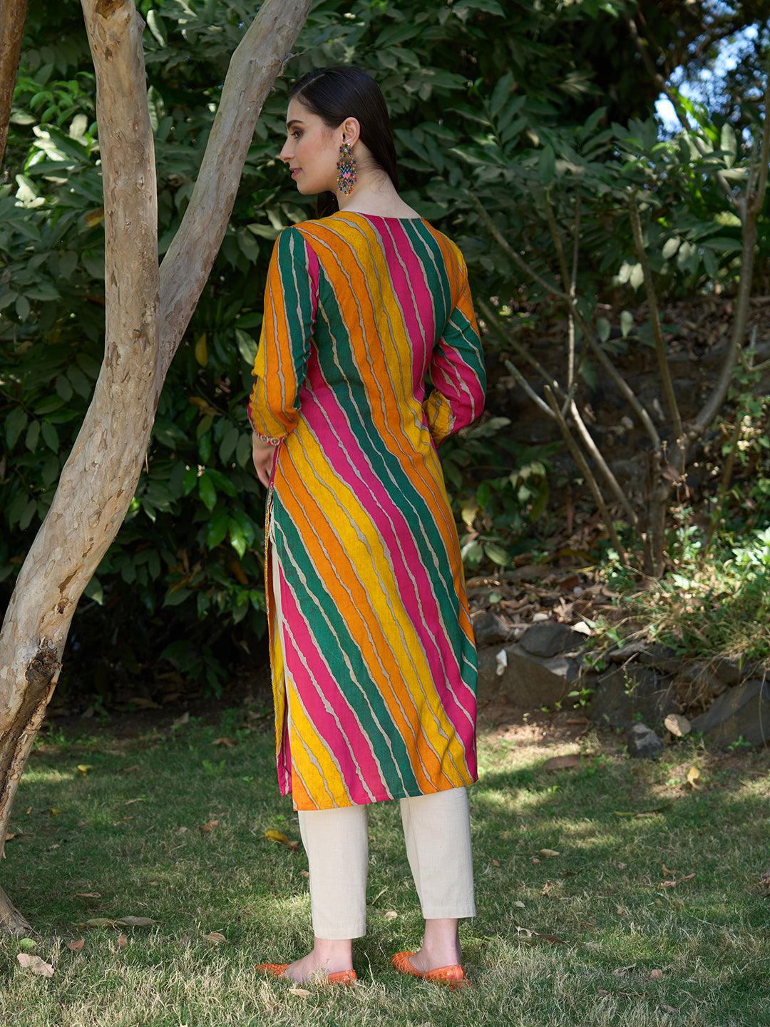 Leheriya Printed & Embroidered Straight Fit Kurta - Multi - Indiakreations