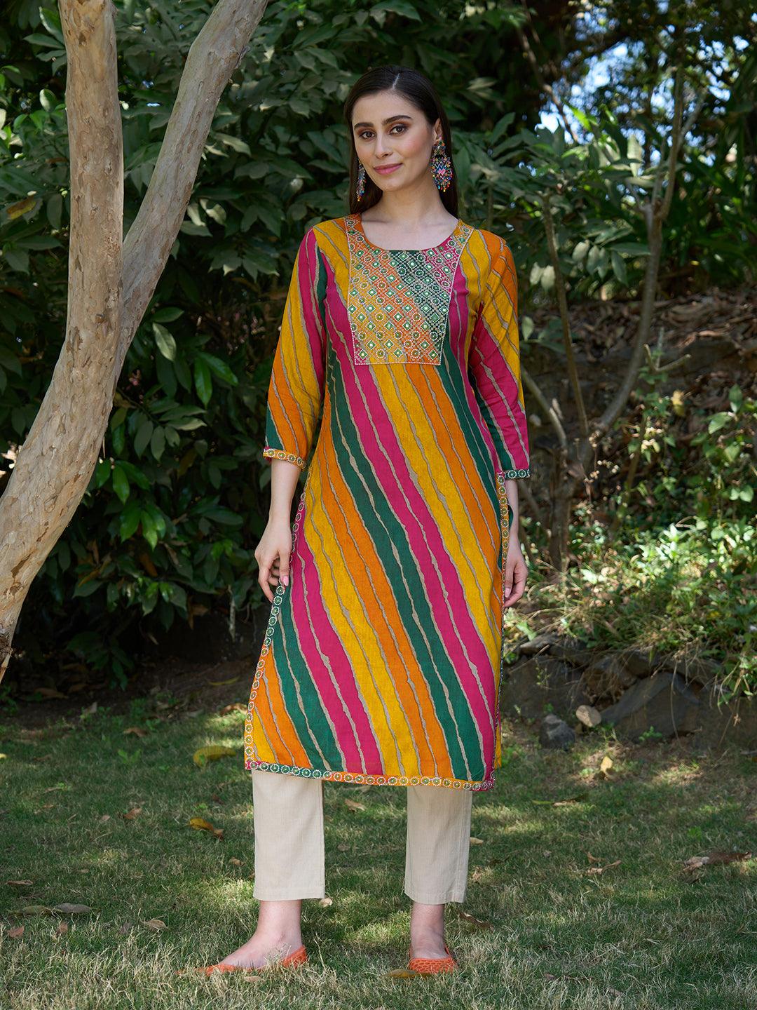 Leheriya Printed & Embroidered Straight Fit Kurta - Multi - Indiakreations