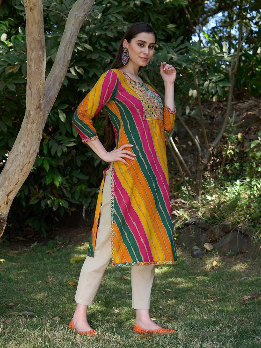 Leheriya Printed & Embroidered Straight Fit Kurta - Multi - Indiakreations