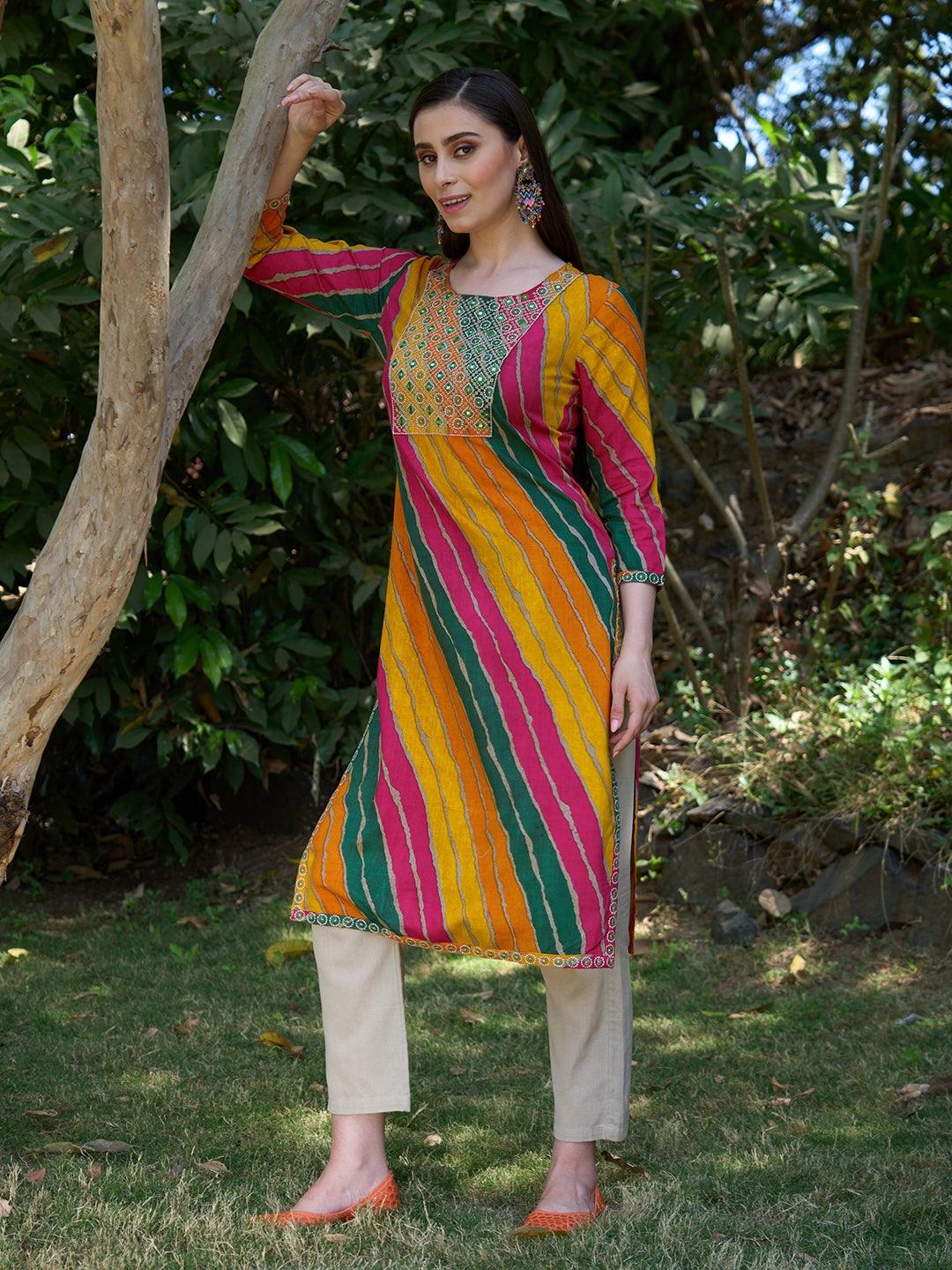 Leheriya Printed & Embroidered Straight Fit Kurta - Multi - Indiakreations