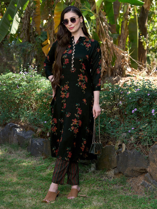 Ethnic Floral Printed Straight Fit Kurta with Pants - Black - Indiakreations