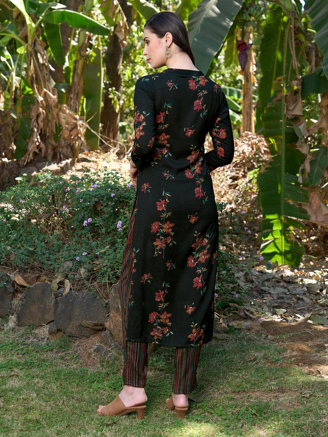 Ethnic Floral Printed Straight Fit Kurta with Pants - Black - Indiakreations