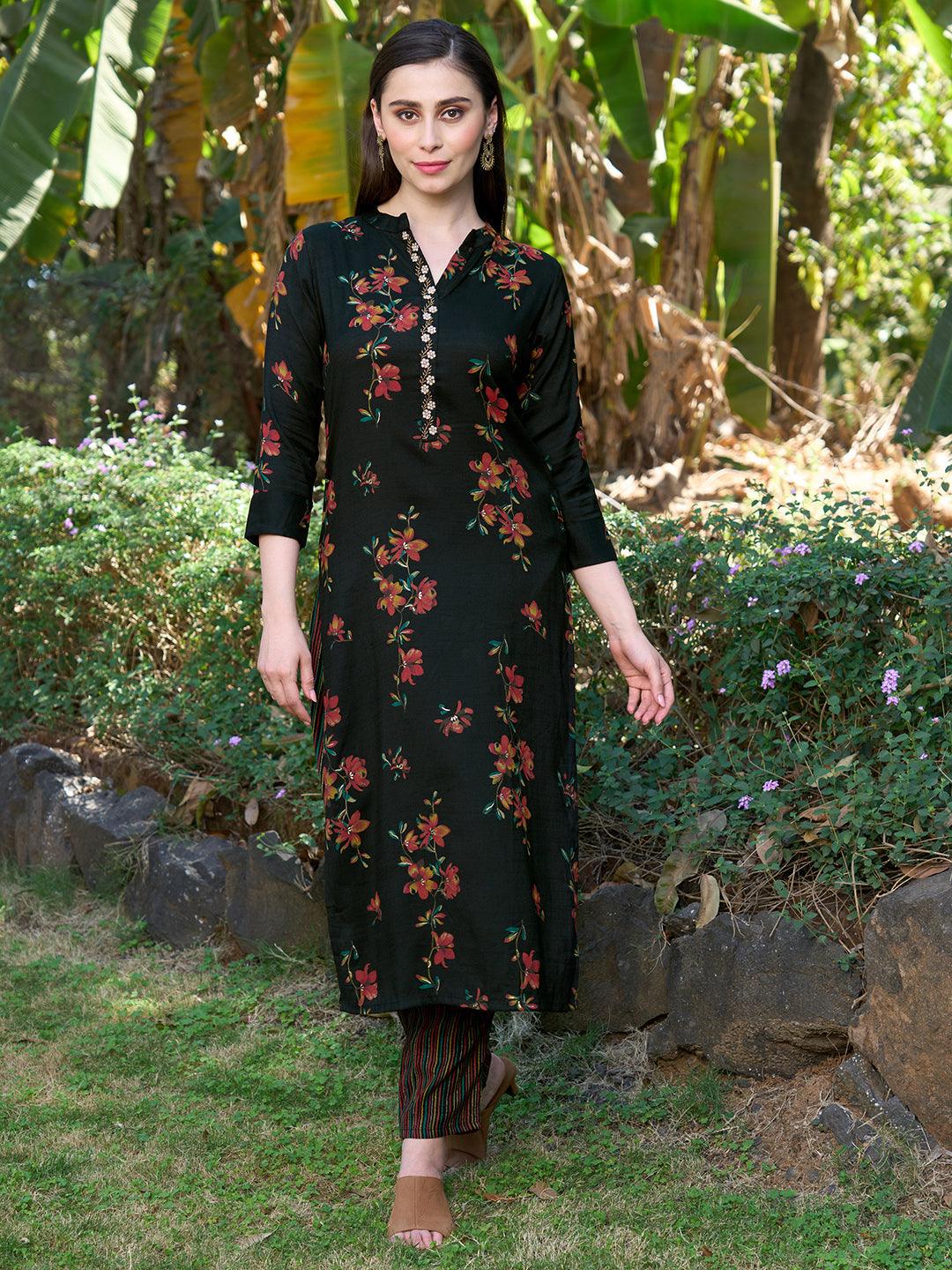 Ethnic Floral Printed Straight Fit Kurta with Pants - Black - Indiakreations