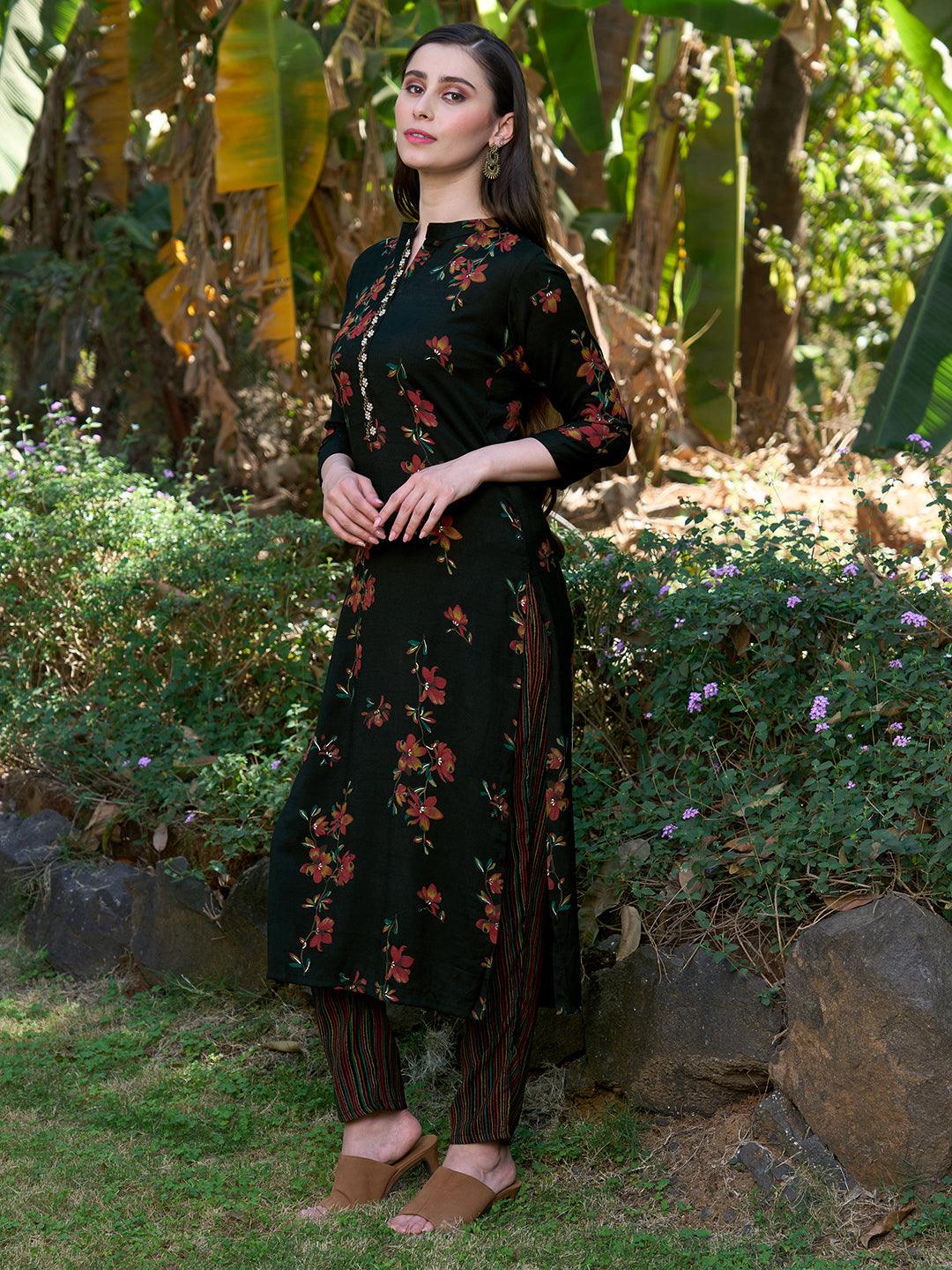 Ethnic Floral Printed Straight Fit Kurta with Pants - Black - Indiakreations