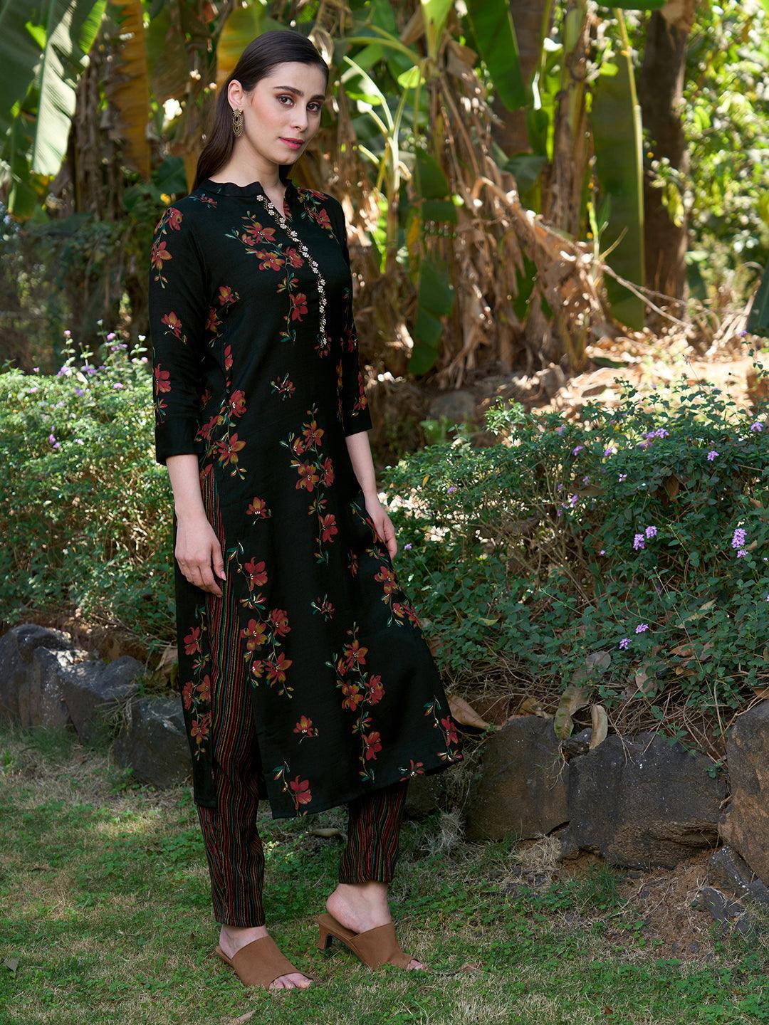 Ethnic Floral Printed Straight Fit Kurta with Pants - Black - Indiakreations