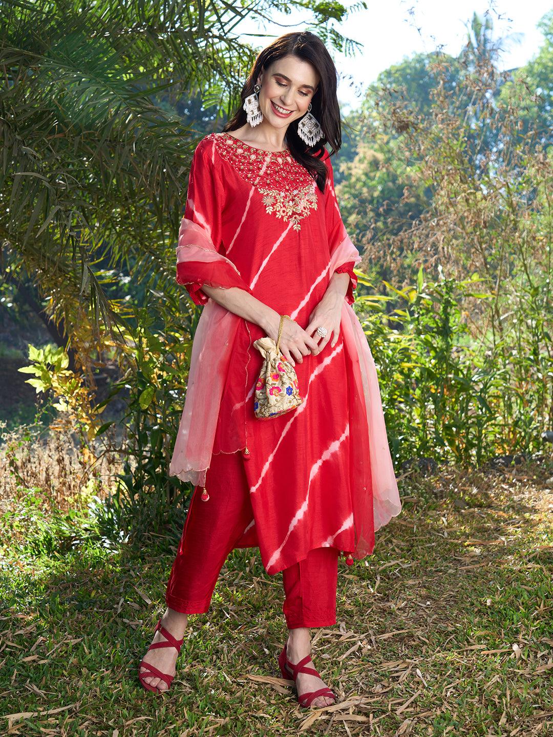 Tie-Dye Printed & Hand Embroidered Kurta with Pants & Dupatta - Red - Indiakreations