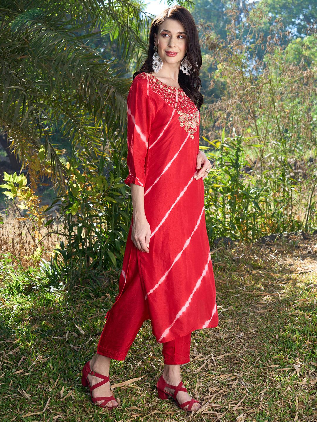 Tie-Dye Printed & Hand Embroidered Kurta with Pants & Dupatta - Red - Indiakreations