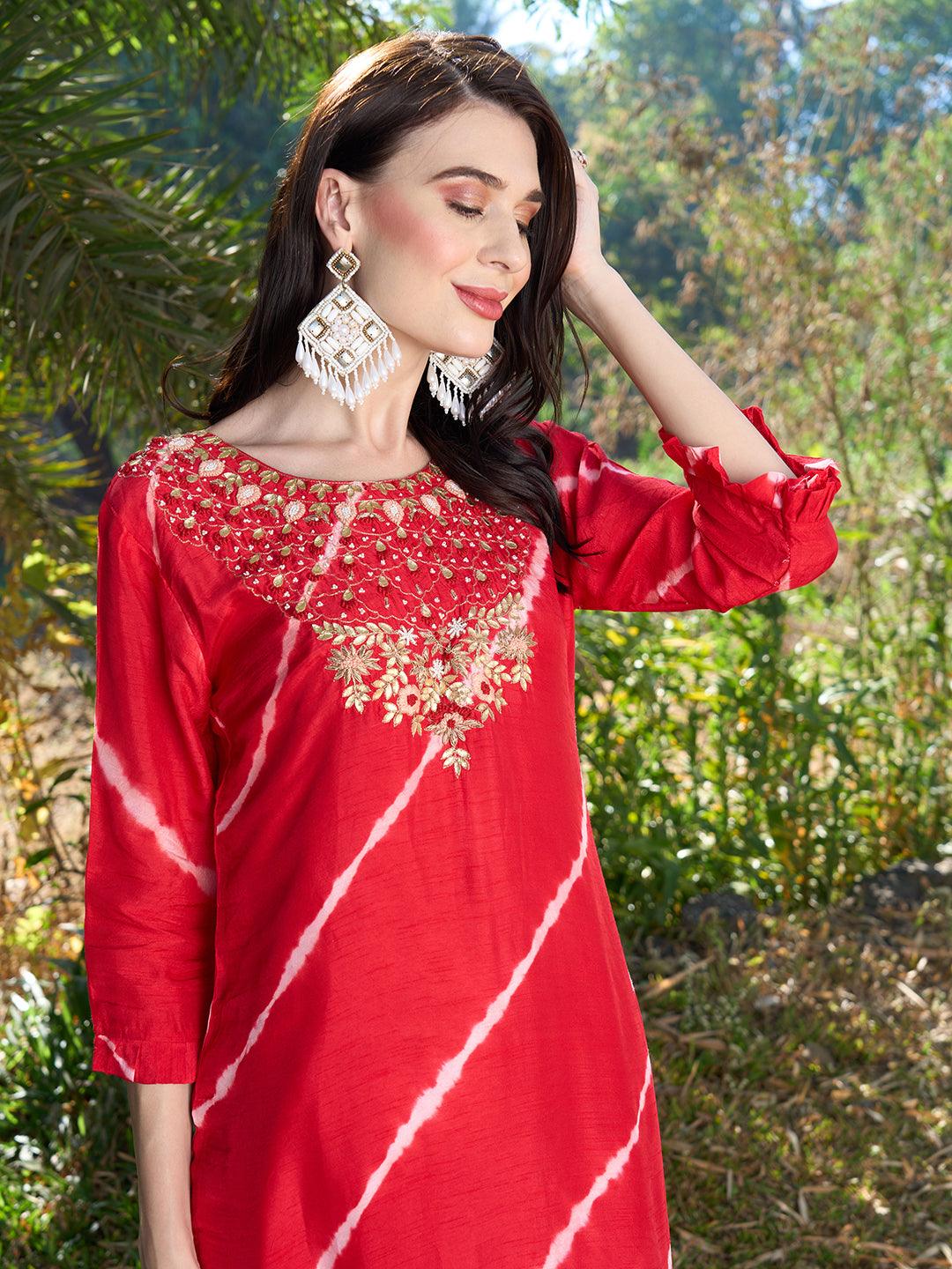 Tie-Dye Printed & Hand Embroidered Kurta with Pants & Dupatta - Red - Indiakreations