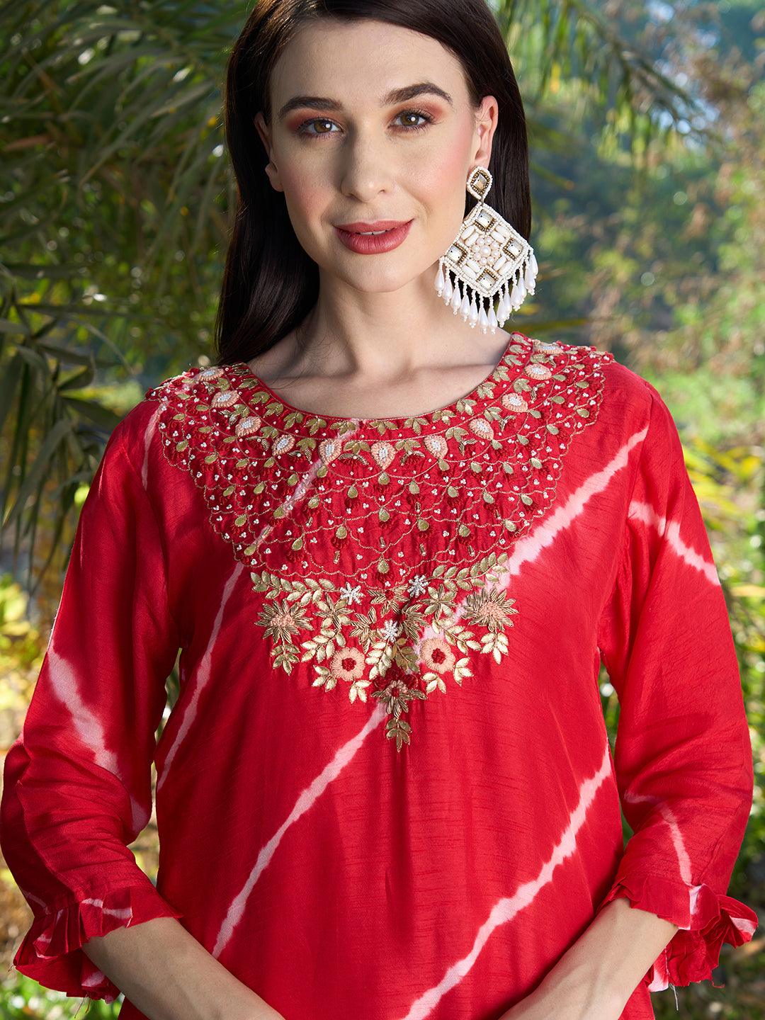 Tie-Dye Printed & Hand Embroidered Kurta with Pants & Dupatta - Red - Indiakreations