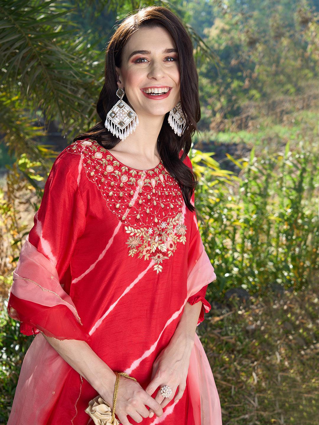 Tie-Dye Printed & Hand Embroidered Kurta with Pants & Dupatta - Red - Indiakreations