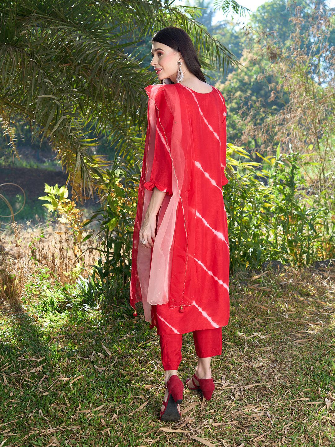 Tie-Dye Printed & Hand Embroidered Kurta with Pants & Dupatta - Red - Indiakreations