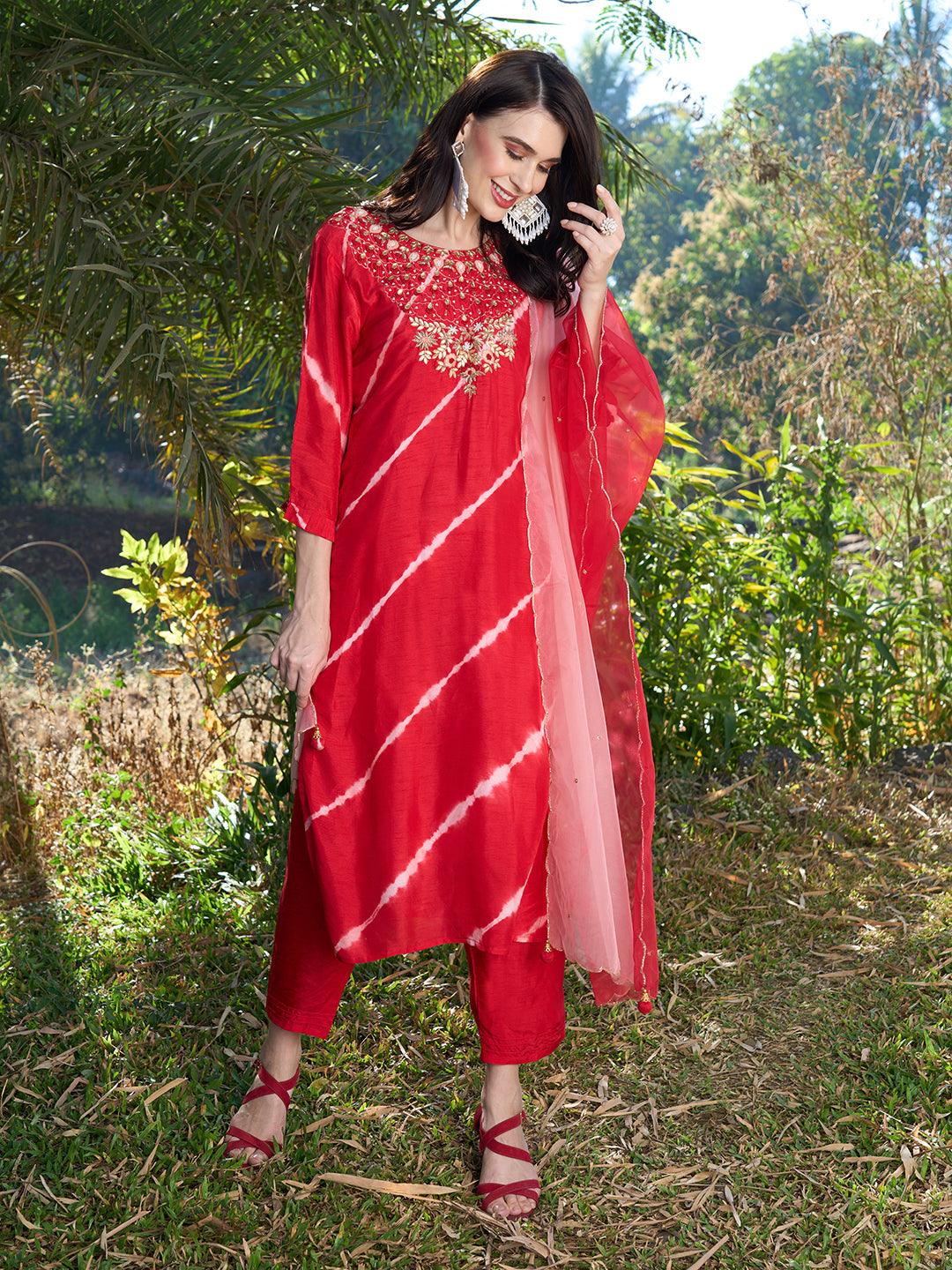 Tie-Dye Printed & Hand Embroidered Kurta with Pants & Dupatta - Red - Indiakreations