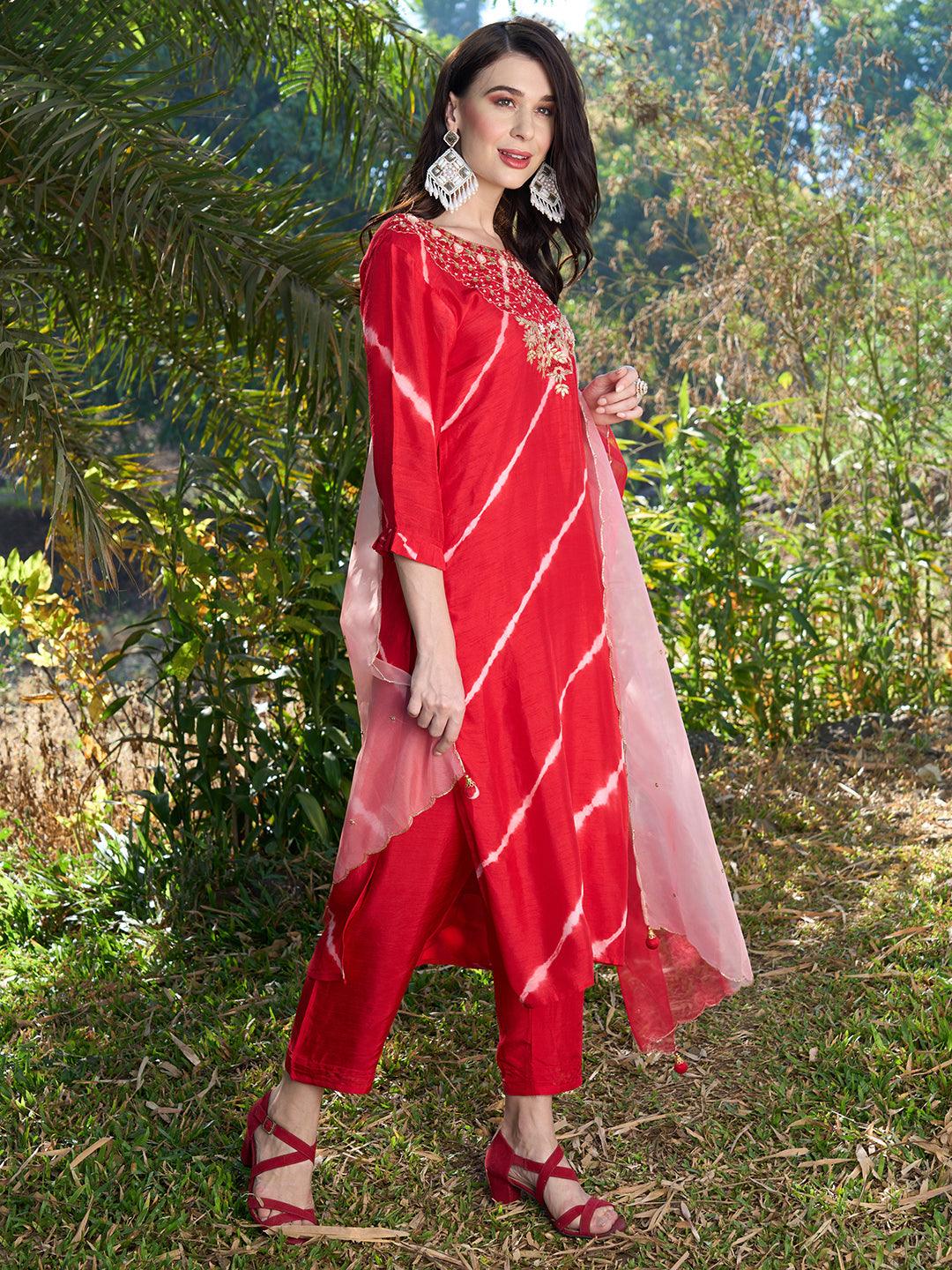 Tie-Dye Printed & Hand Embroidered Kurta with Pants & Dupatta - Red - Indiakreations