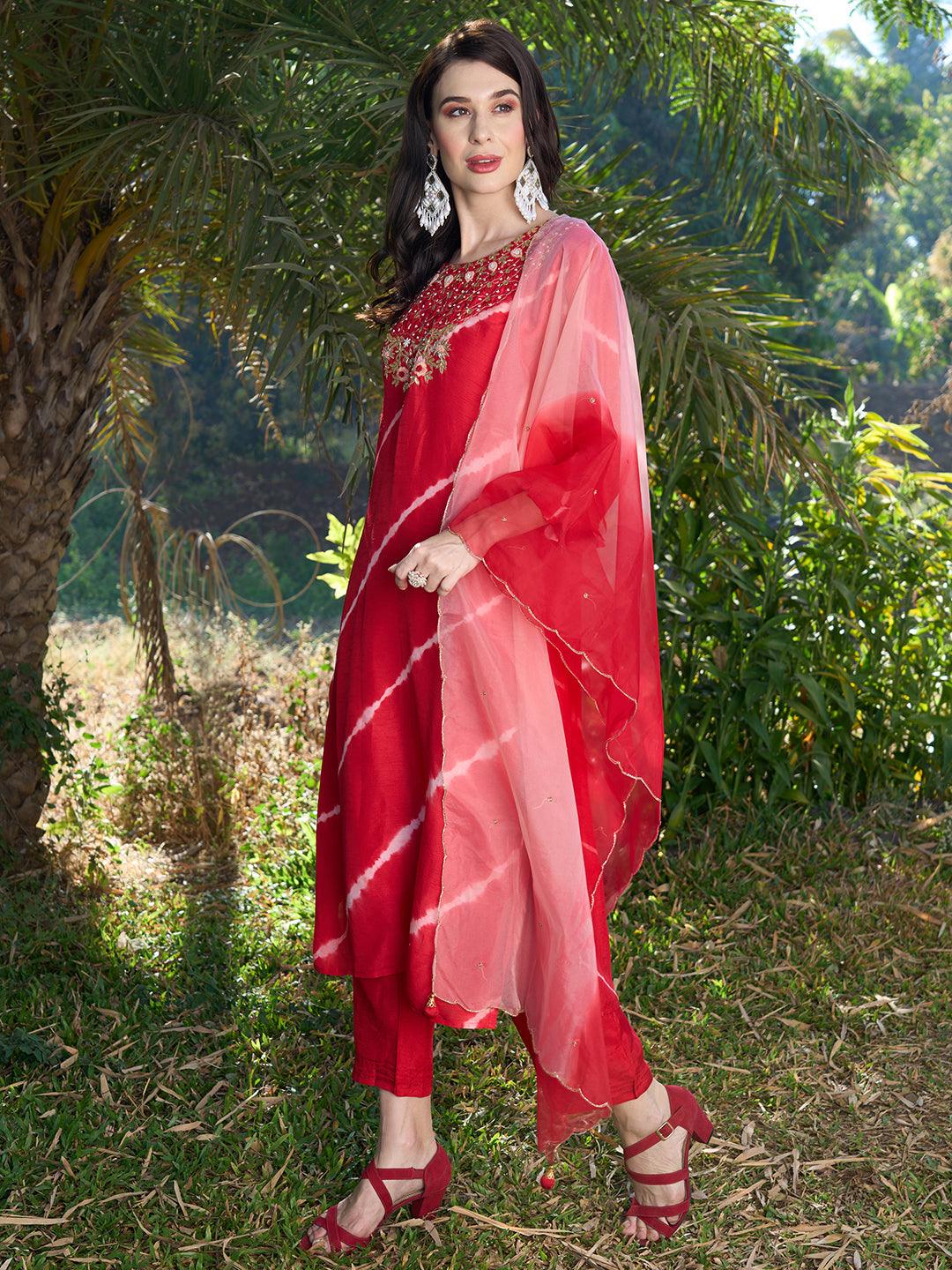 Tie-Dye Printed & Hand Embroidered Kurta with Pants & Dupatta - Red - Indiakreations