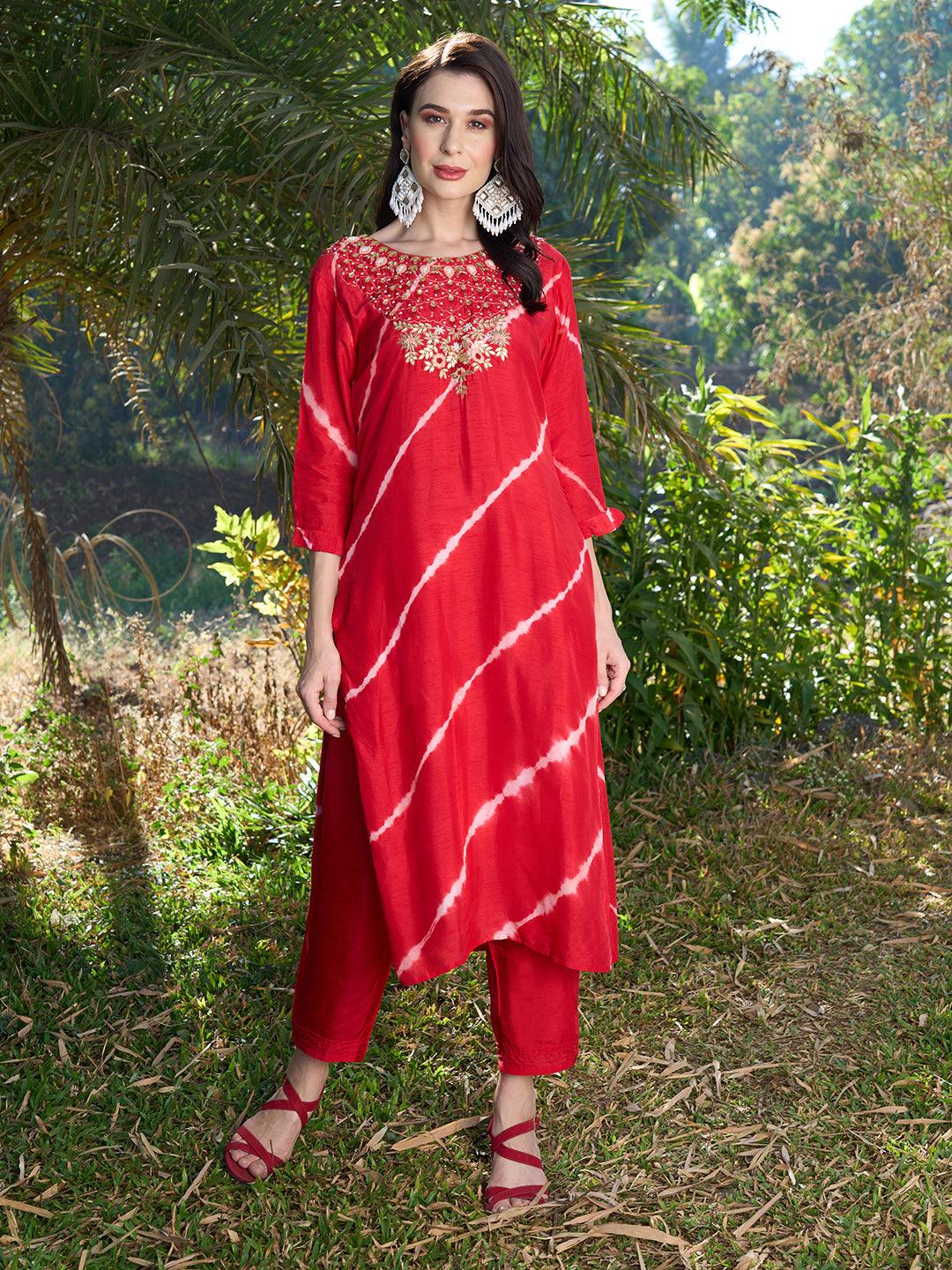 Tie-Dye Printed & Hand Embroidered Kurta with Pants & Dupatta - Red - Indiakreations