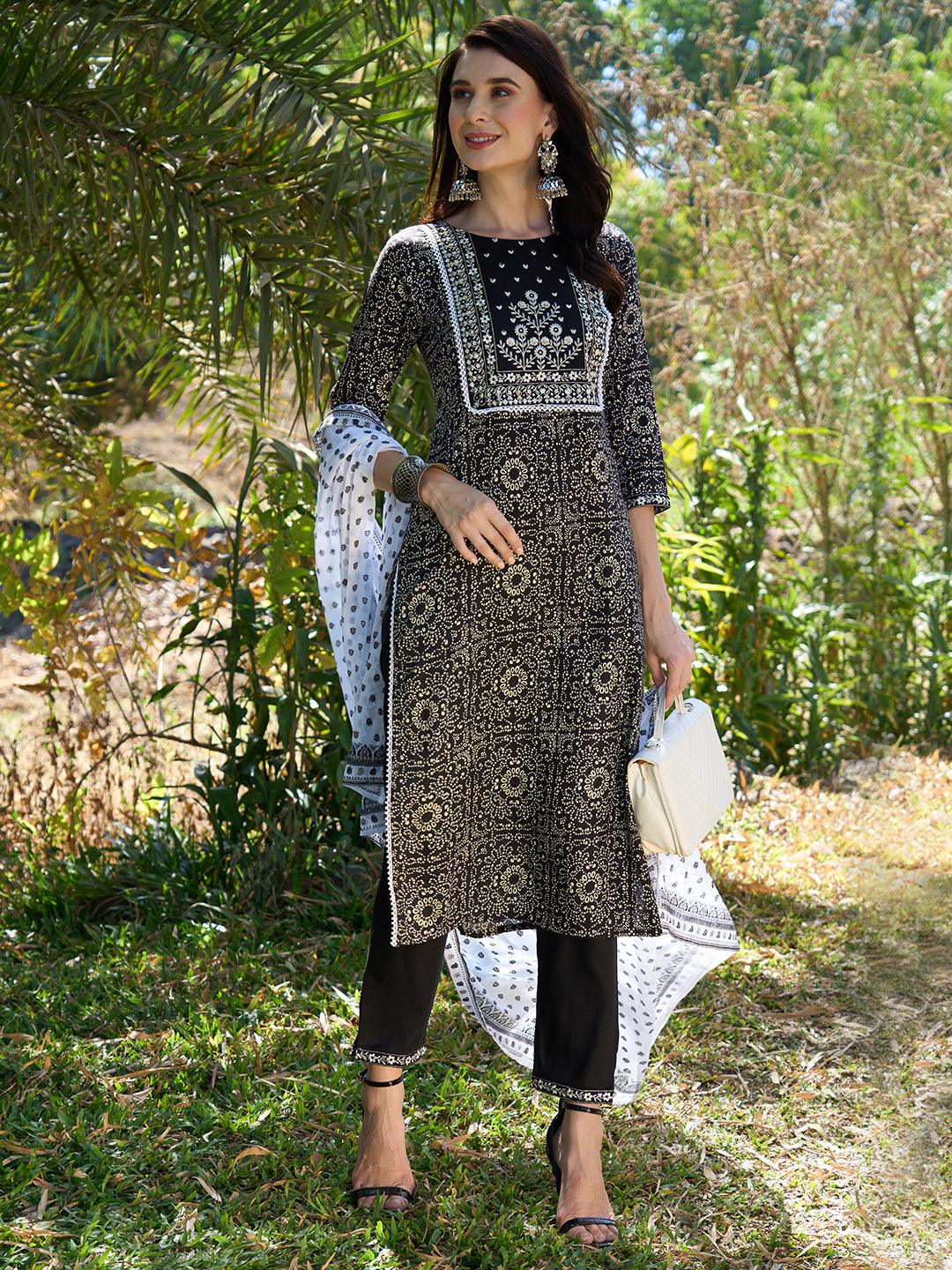 Ethnic Printed & Embroidered Straight Fit Kurta with Pants & Dupatta - Black - Indiakreations