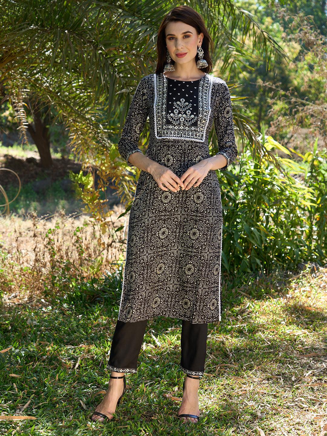 Ethnic Printed & Embroidered Straight Fit Kurta with Pants & Dupatta - Black - Indiakreations