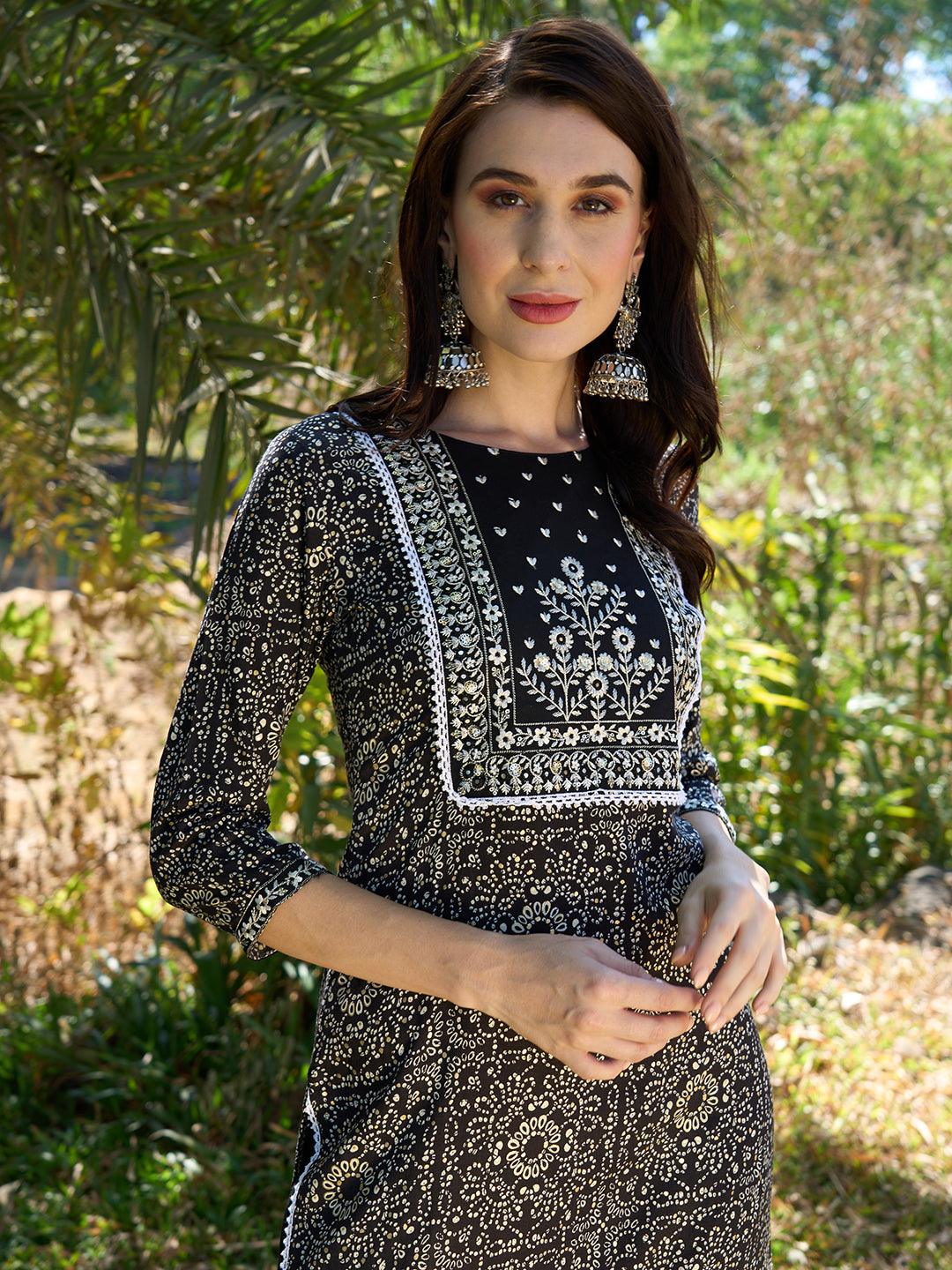 Ethnic Printed & Embroidered Straight Fit Kurta with Pants & Dupatta - Black - Indiakreations