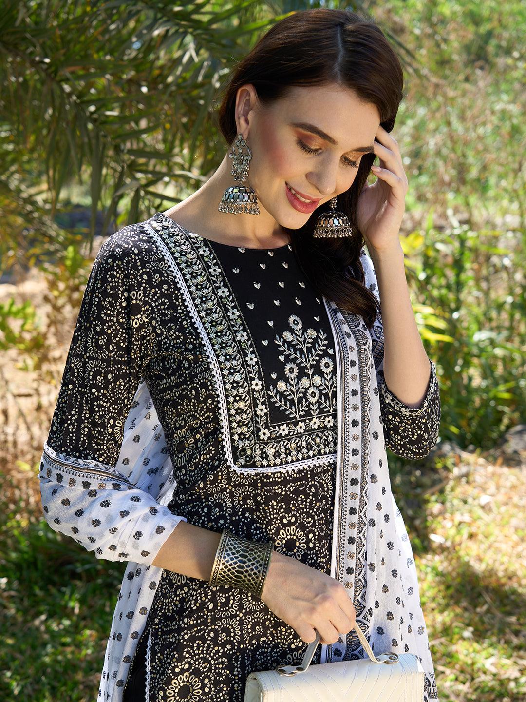 Ethnic Printed & Embroidered Straight Fit Kurta with Pants & Dupatta - Black - Indiakreations