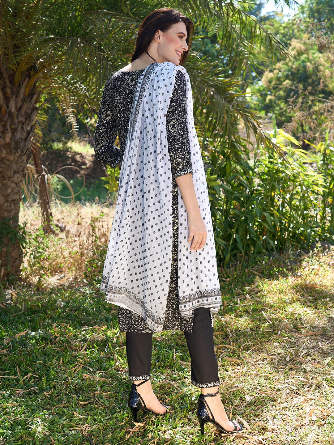 Ethnic Printed & Embroidered Straight Fit Kurta with Pants & Dupatta - Black - Indiakreations