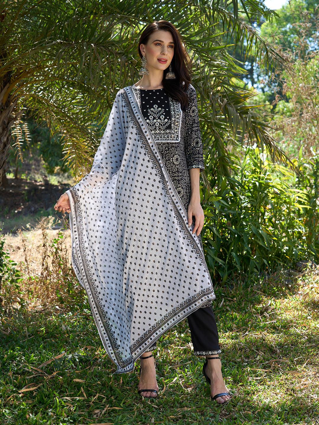 Ethnic Printed & Embroidered Straight Fit Kurta with Pants & Dupatta - Black - Indiakreations