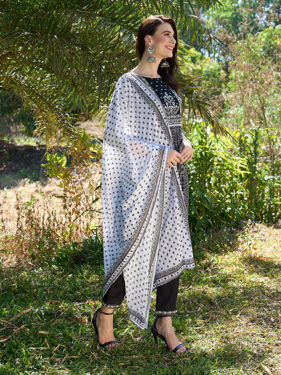 Ethnic Printed & Embroidered Straight Fit Kurta with Pants & Dupatta - Black - Indiakreations