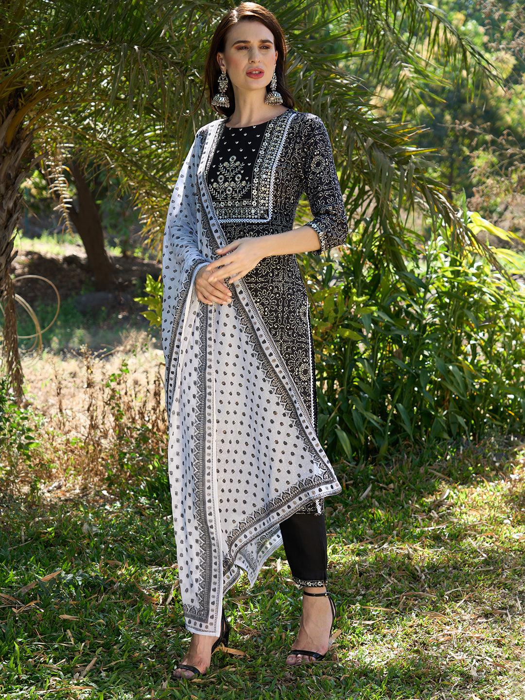 Ethnic Printed & Embroidered Straight Fit Kurta with Pants & Dupatta - Black - Indiakreations