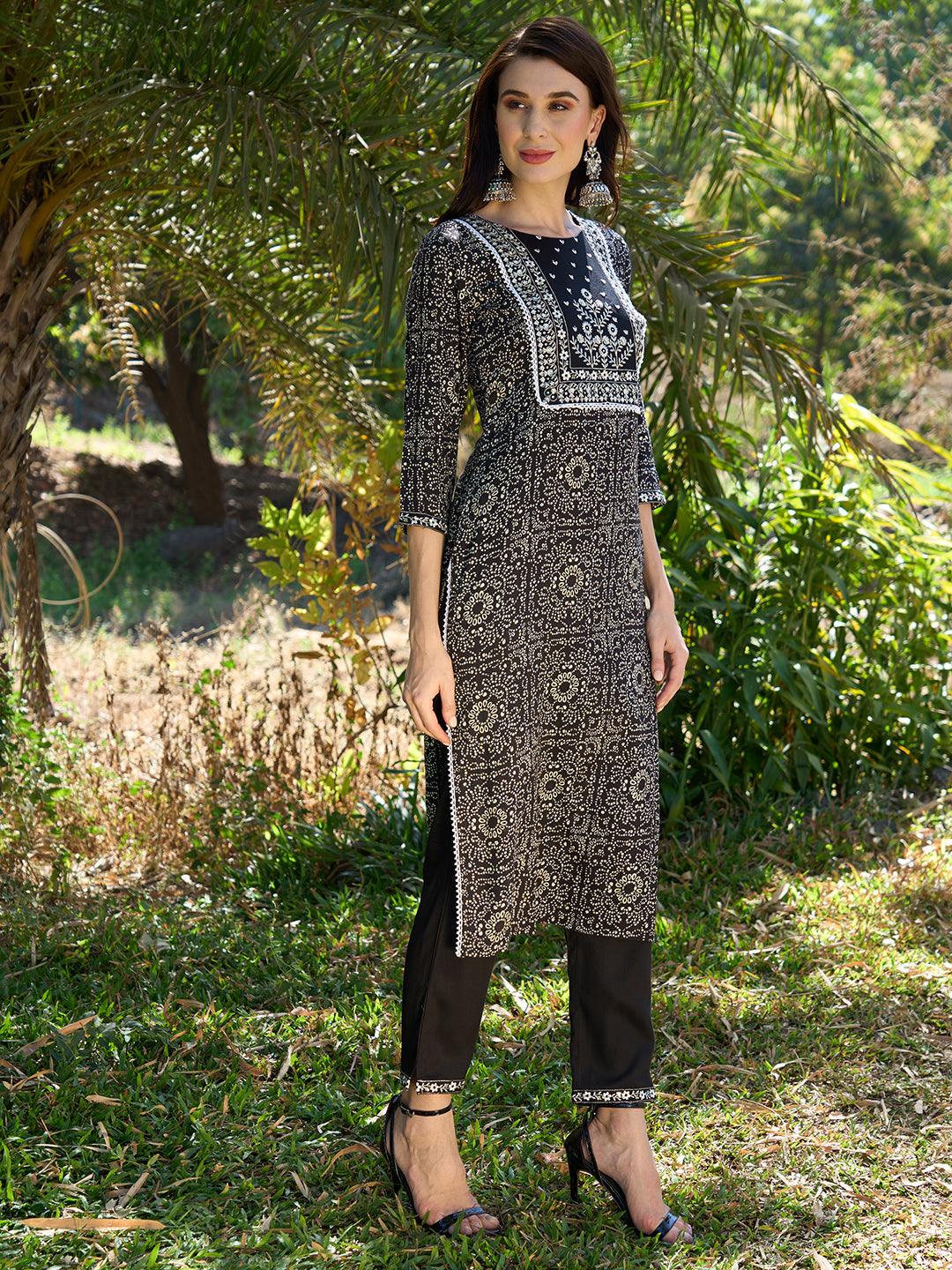 Ethnic Printed & Embroidered Straight Fit Kurta with Pants & Dupatta - Black - Indiakreations