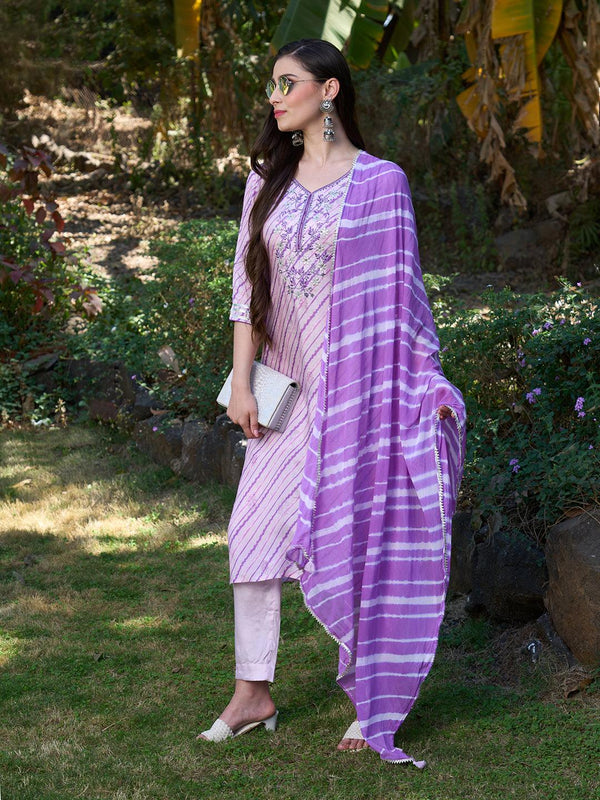 Ethnic Hand Embroidered Straight Kurta with Pants & Dupatta - Pastel Pink - Indiakreations