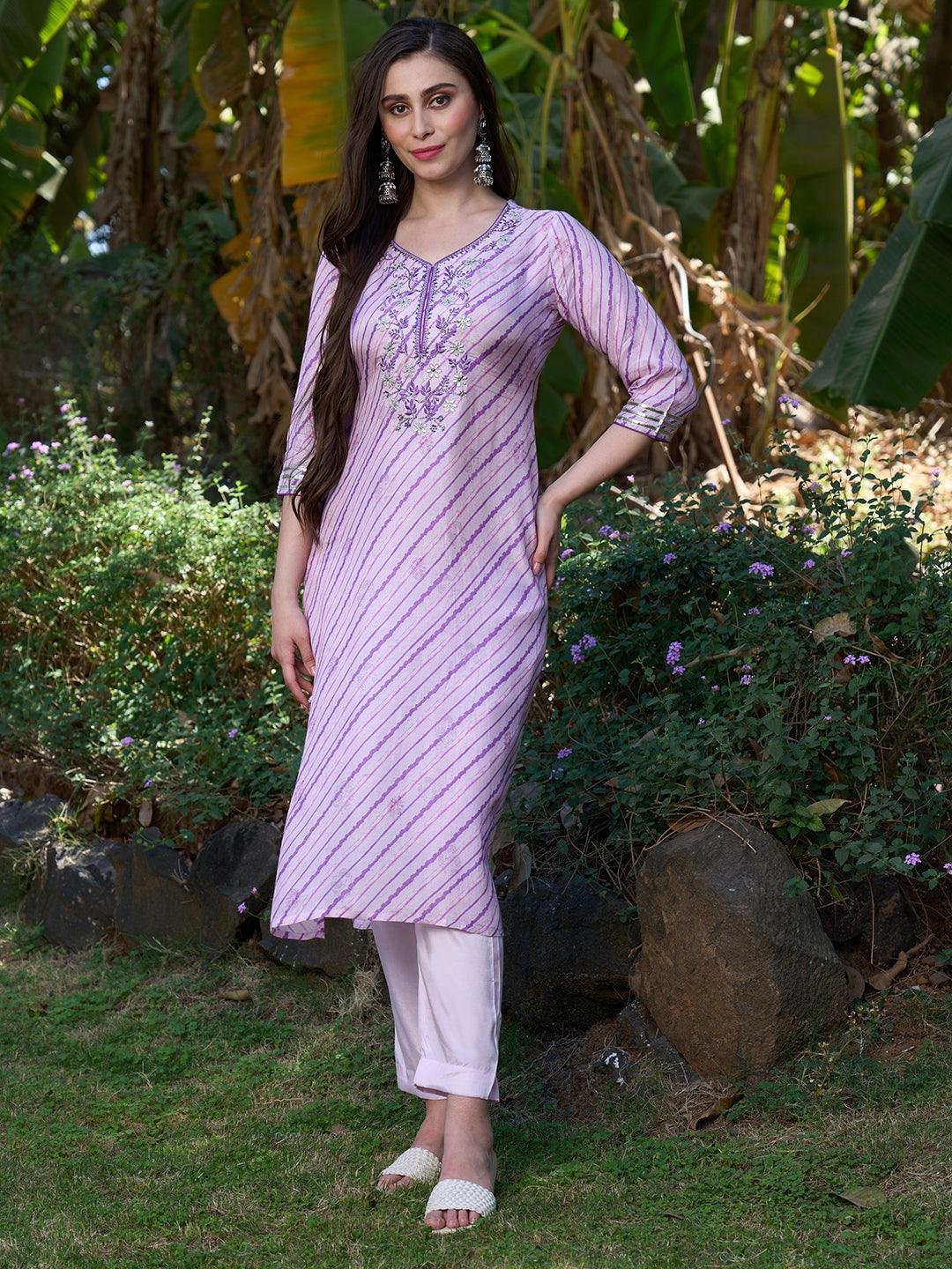 Ethnic Hand Embroidered Straight Kurta with Pants & Dupatta - Pastel Pink - Indiakreations