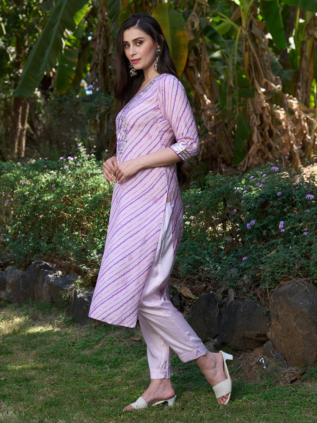 Ethnic Hand Embroidered Straight Kurta with Pants & Dupatta - Pastel Pink - Indiakreations