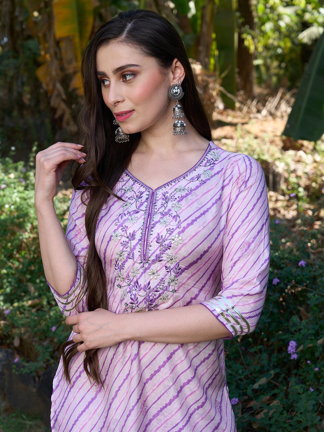 Ethnic Hand Embroidered Straight Kurta with Pants & Dupatta - Pastel Pink - Indiakreations