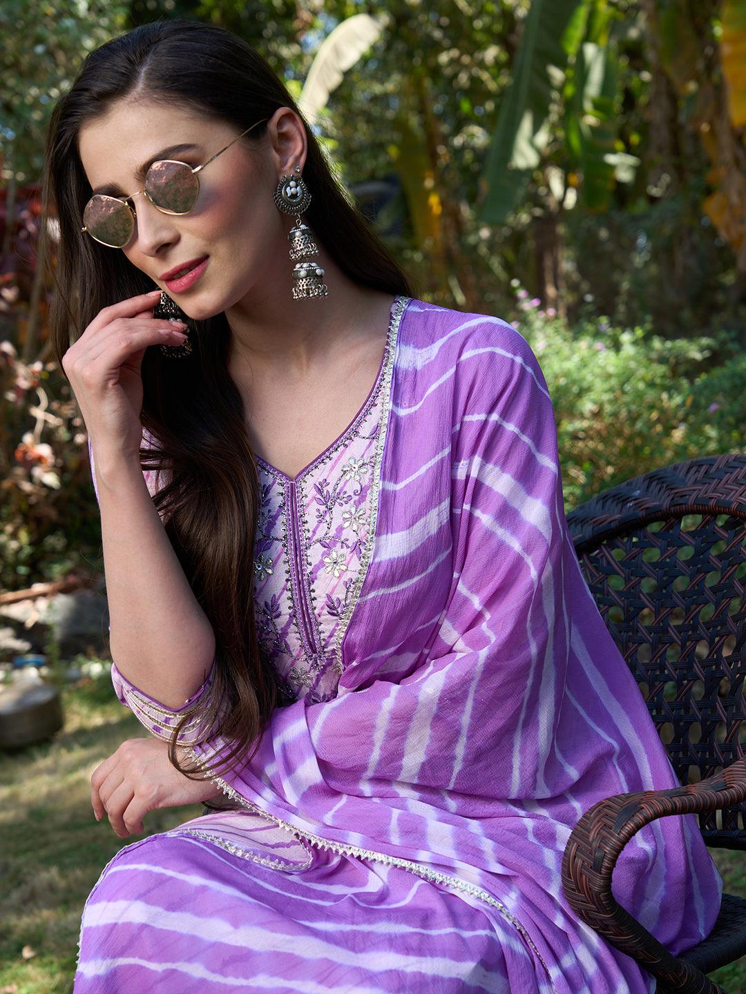 Ethnic Hand Embroidered Straight Kurta with Pants & Dupatta - Pastel Pink - Indiakreations